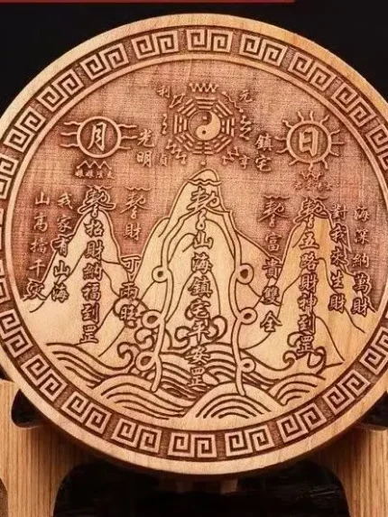 Round peach wood Taoist Bagua Mountain and Sea Town Pendant