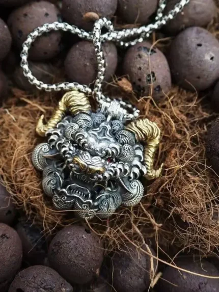 Chinese mythical animal Taotie silver necklace