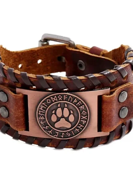 Viking Wolf Bear Paw Norse Runes Leather Bracelet for Men