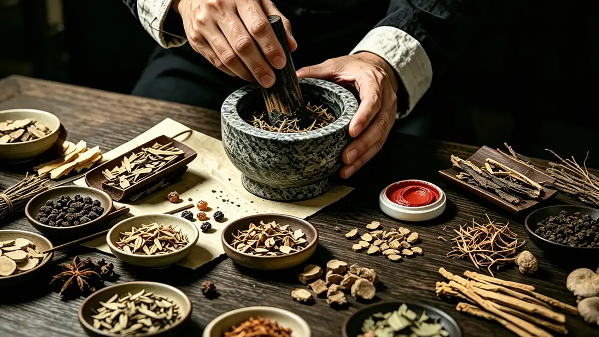 Traditional Daoist Alchemical Incense Compounding with Stone Mortar and Botanicals