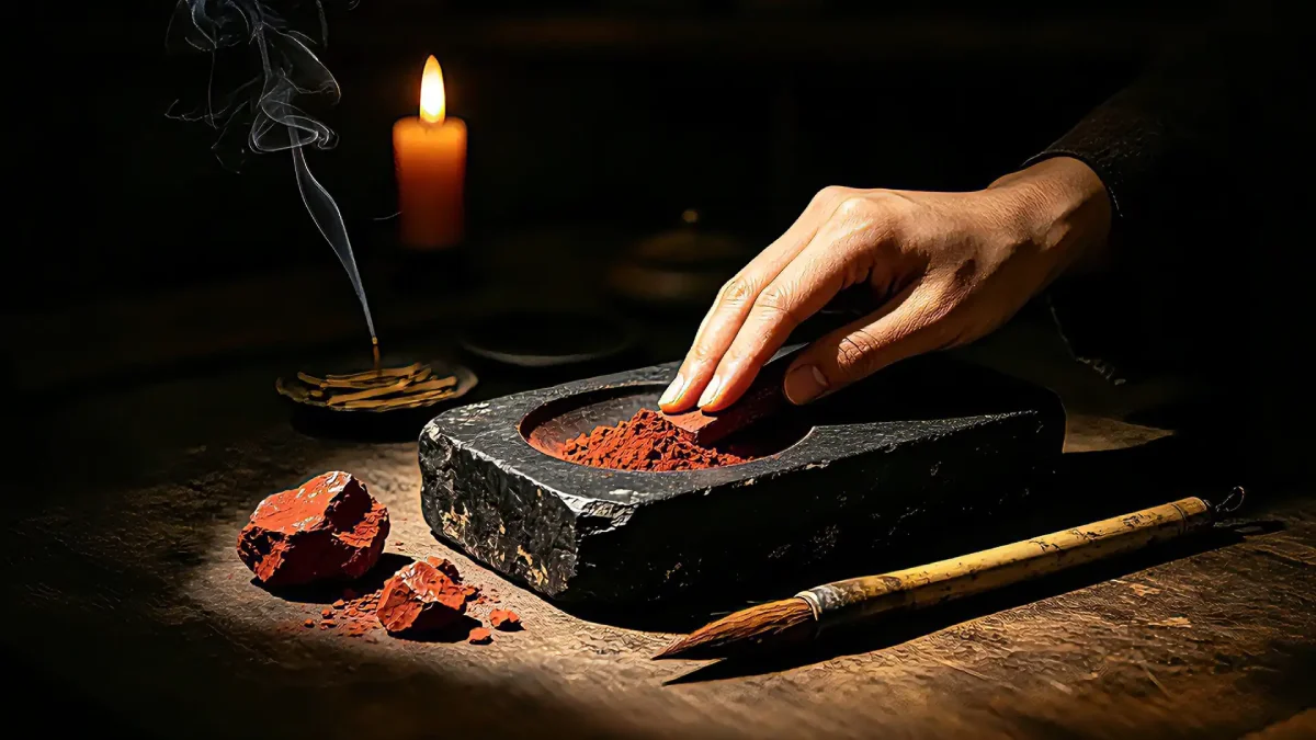 Daoist Alchemical Table with Natural Cinnabar Stone and Ceremonial Ink Slab