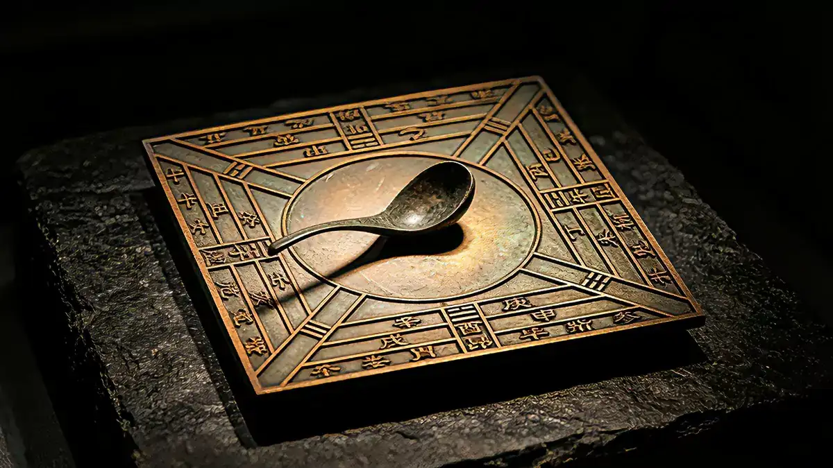 Ancient Han Dynasty Bronze Sinan Compass and Cosmological Shi Plate